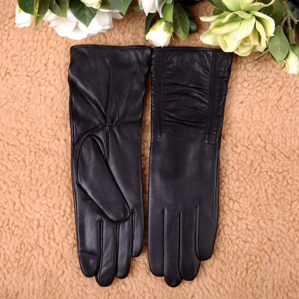 Women's Black Lambskin Leather Touchscreen Gloves Winter Lined Long Sleeve